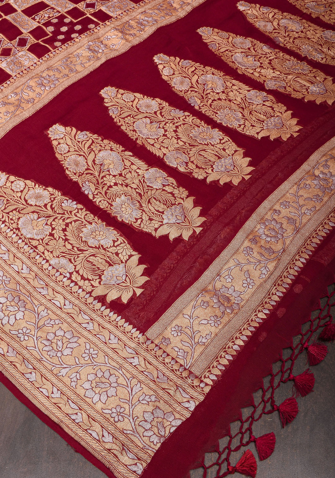 Alfi Sona Rupa Geometric Jaal Pure Silk Georgette Saree in Maroon  | SILK MARK CERTIFIED