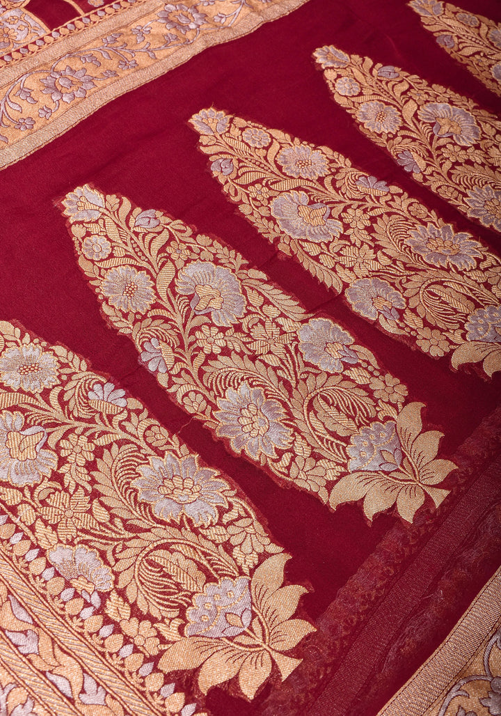 Alfi Sona Rupa Geometric Jaal Pure Silk Georgette Saree in Maroon  | SILK MARK CERTIFIED