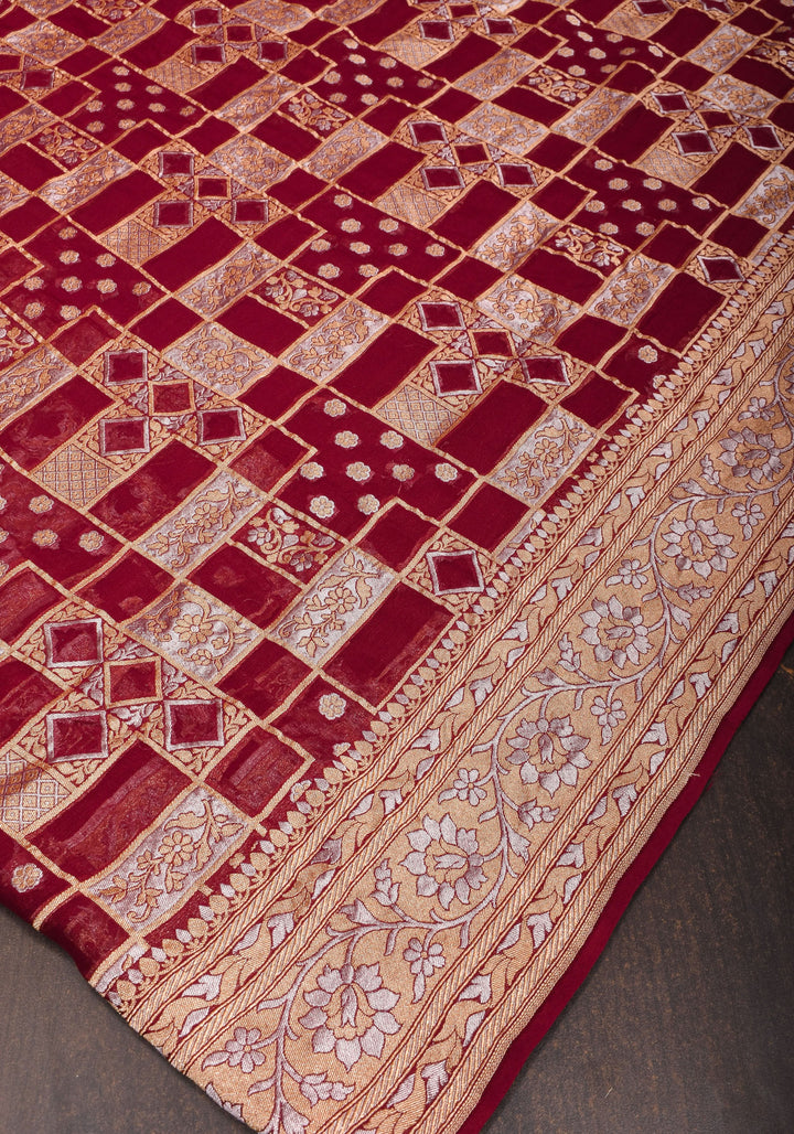 Alfi Sona Rupa Geometric Jaal Pure Silk Georgette Saree in Maroon  | SILK MARK CERTIFIED