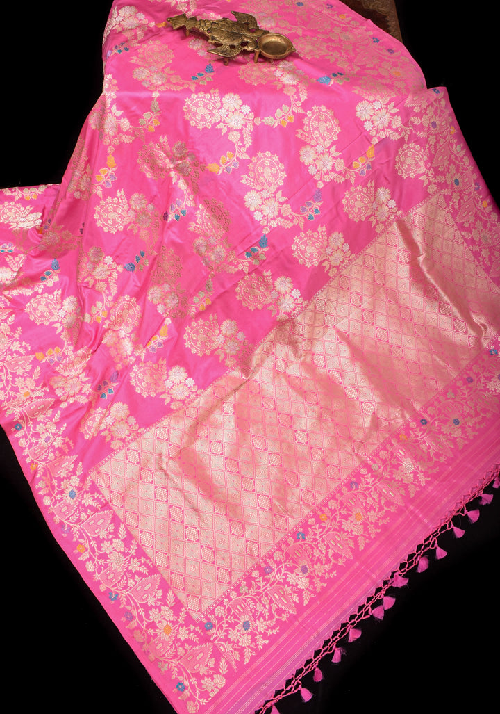 Pink Banarasi Katan Silk Saree with Meenakari Floral Jaal and Border | SILK MARK CERTIFIED
