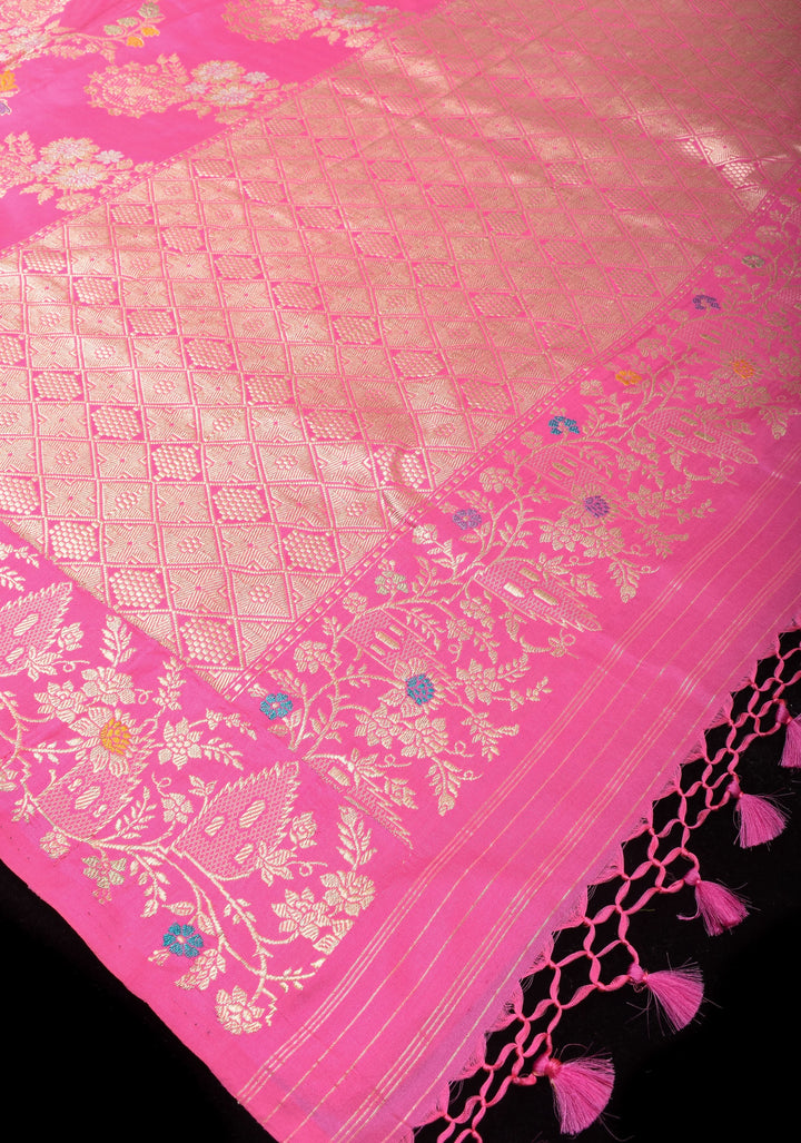 Pink Banarasi Katan Silk Saree with Meenakari Floral Jaal and Border | SILK MARK CERTIFIED