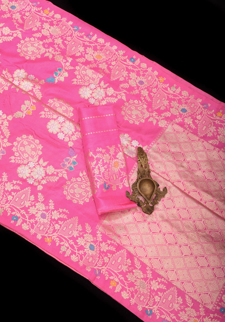 Pink Banarasi Katan Silk Saree with Meenakari Floral Jaal and Border | SILK MARK CERTIFIED