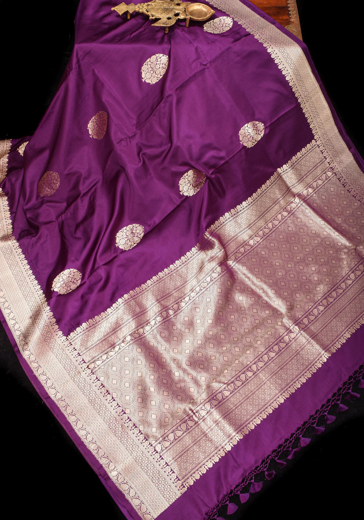 Aubergine Banarasi Mashru Silk Saree with Floral Motifs and Zari Border | SILK MARK CERTIFIED