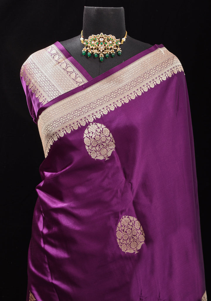 Aubergine Banarasi Mashru Silk Saree with Floral Motifs and Zari Border | SILK MARK CERTIFIED