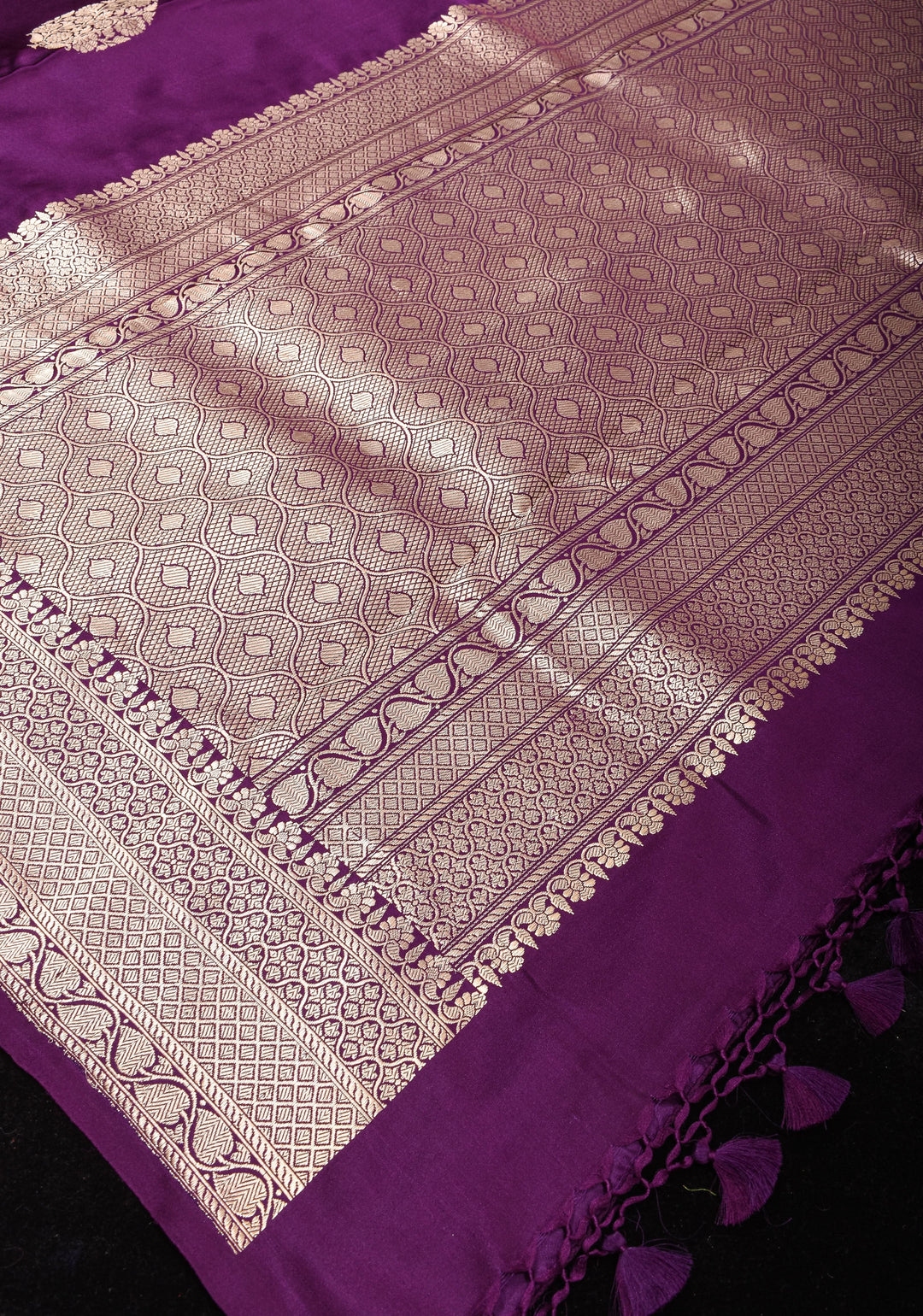 Aubergine Banarasi Mashru Silk Saree with Floral Motifs and Zari Border | SILK MARK CERTIFIED