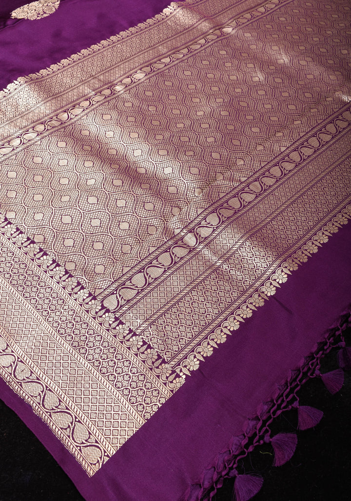 Aubergine Banarasi Mashru Silk Saree with Floral Motifs and Zari Border | SILK MARK CERTIFIED