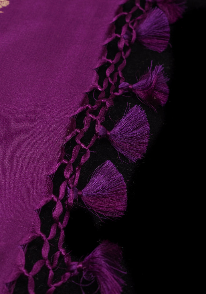 Aubergine Banarasi Mashru Silk Saree with Floral Motifs and Zari Border | SILK MARK CERTIFIED