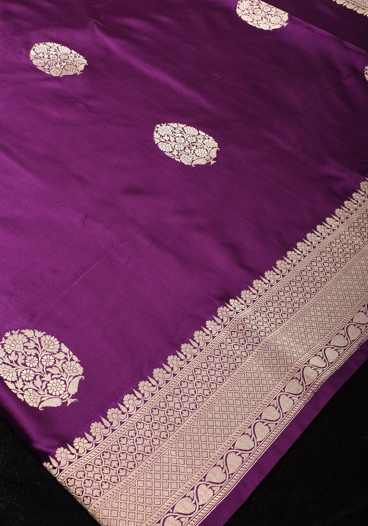 Aubergine Banarasi Mashru Silk Saree with Floral Motifs and Zari Border | SILK MARK CERTIFIED