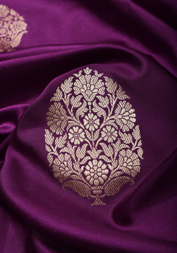 Aubergine Banarasi Mashru Silk Saree with Floral Motifs and Zari Border | SILK MARK CERTIFIED