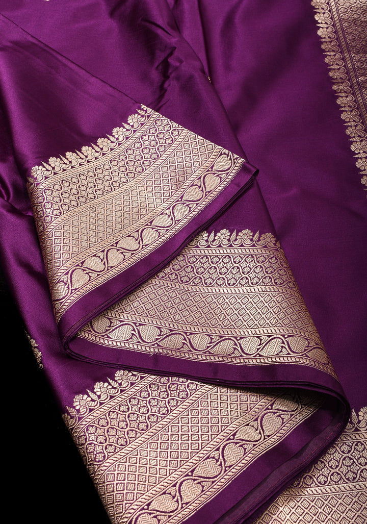 Aubergine Banarasi Mashru Silk Saree with Floral Motifs and Zari Border | SILK MARK CERTIFIED