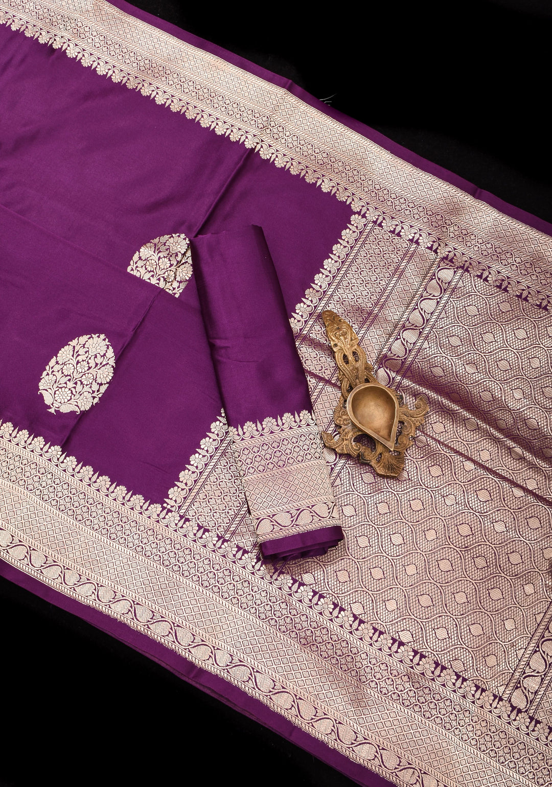 Aubergine Banarasi Mashru Silk Saree with Floral Motifs and Zari Border | SILK MARK CERTIFIED