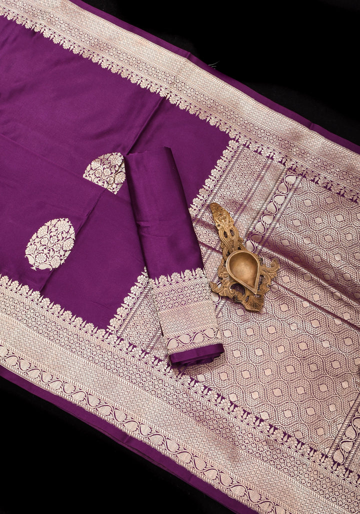 Aubergine Banarasi Mashru Silk Saree with Floral Motifs and Zari Border | SILK MARK CERTIFIED
