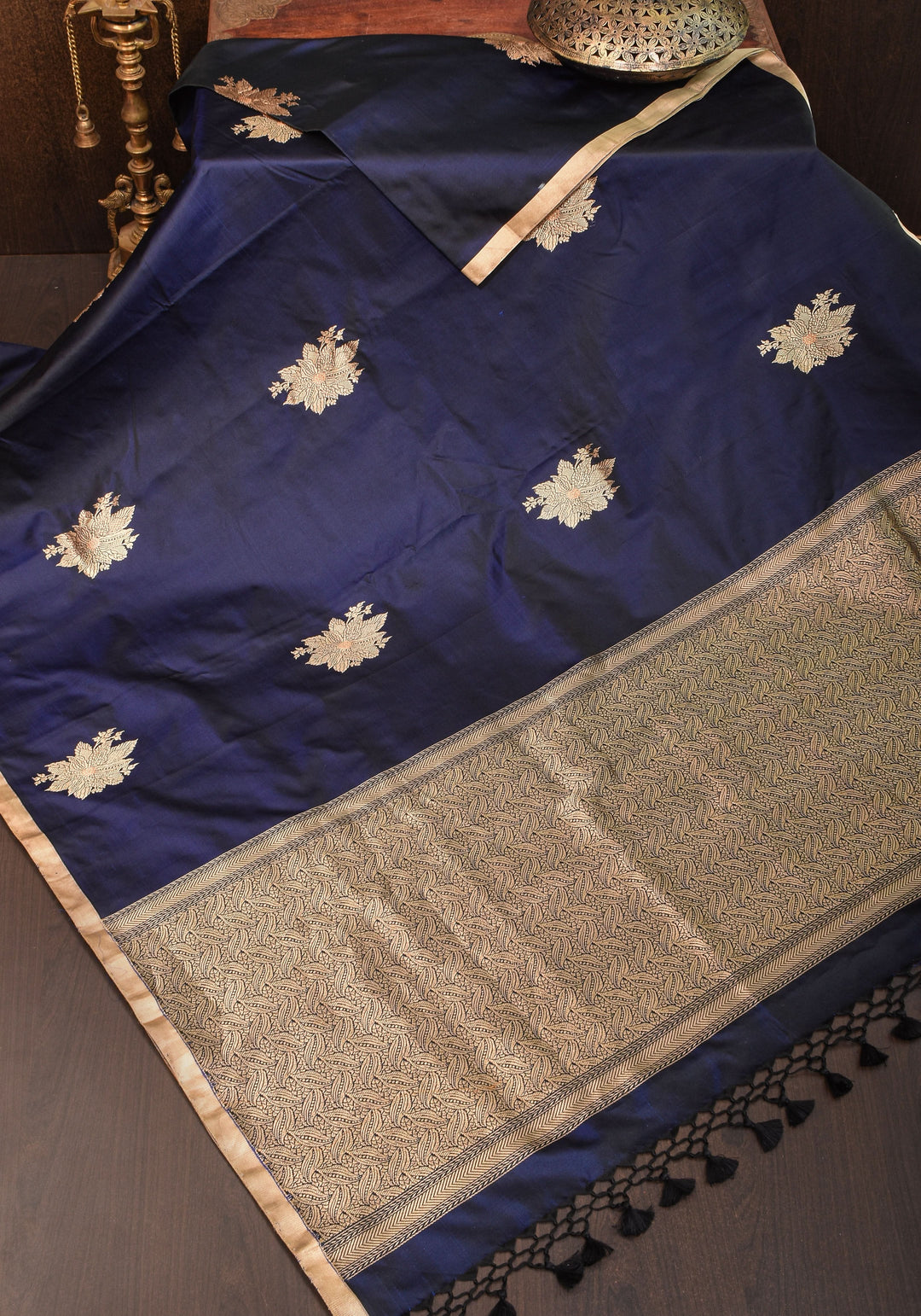 Midnight Blue Tone Banarasi Mashru Silk Saree with zari Floral Motifs | SILK MARK CERTIFIED