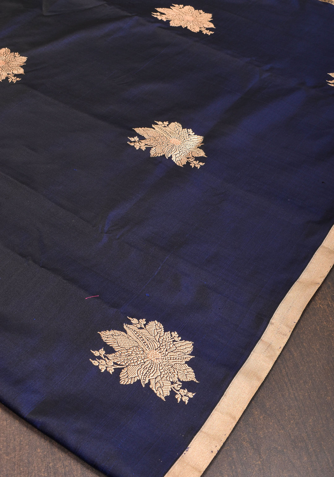 Midnight Blue Tone Banarasi Mashru Silk Saree with zari Floral Motifs | SILK MARK CERTIFIED