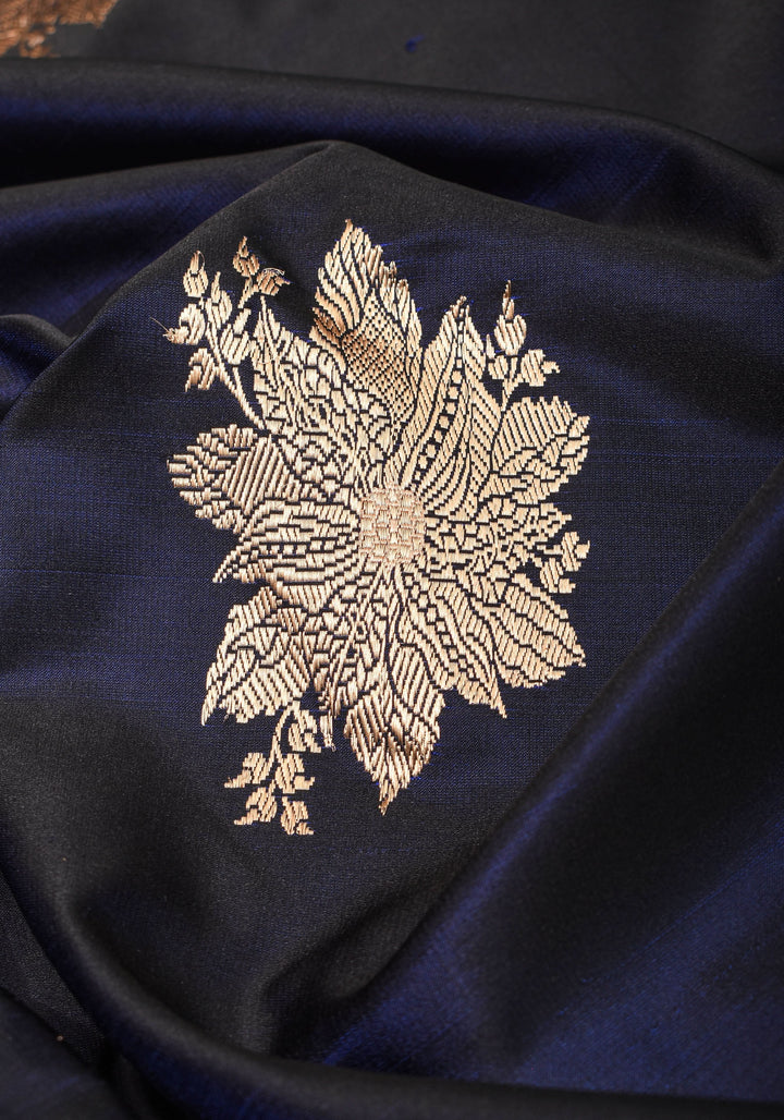 Midnight Blue Tone Banarasi Mashru Silk Saree with zari Floral Motifs | SILK MARK CERTIFIED