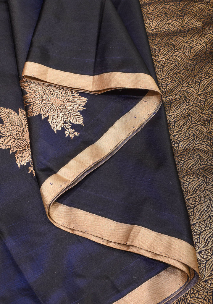 Midnight Blue Tone Banarasi Mashru Silk Saree with zari Floral Motifs | SILK MARK CERTIFIED