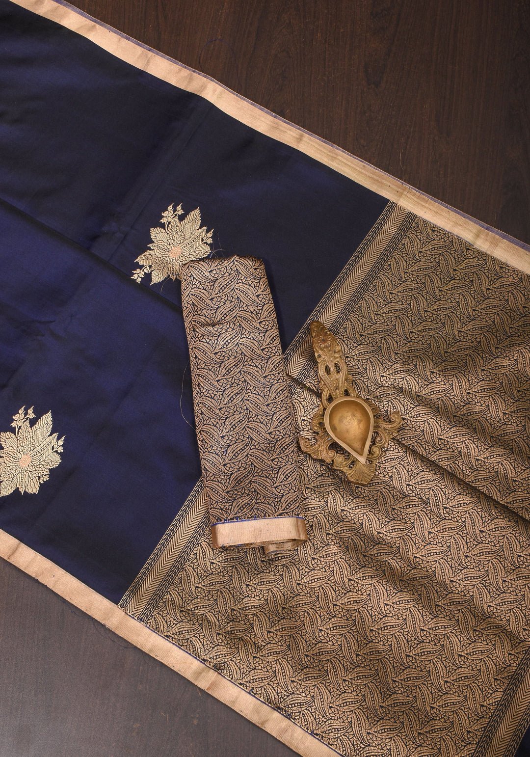 Midnight Blue Tone Banarasi Mashru Silk Saree with zari Floral Motifs | SILK MARK CERTIFIED
