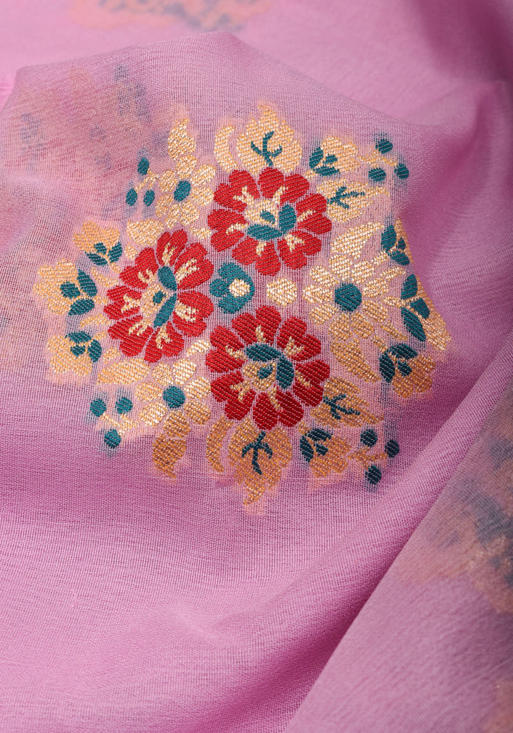 Lotus Pink Meenakari Banarasi Pure Silk Georgette Saree with  Paithani Style Zari meena border| SILK MARK CERTIFIED