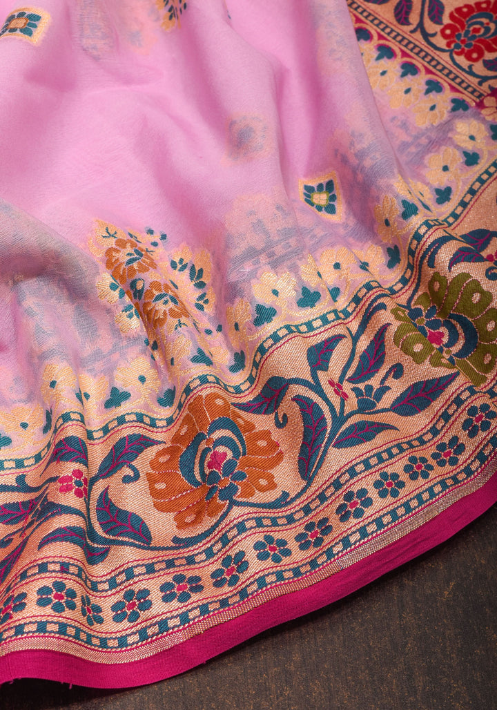 Lotus Pink Meenakari Banarasi Pure Silk Georgette Saree with  Paithani Style Zari meena border| SILK MARK CERTIFIED