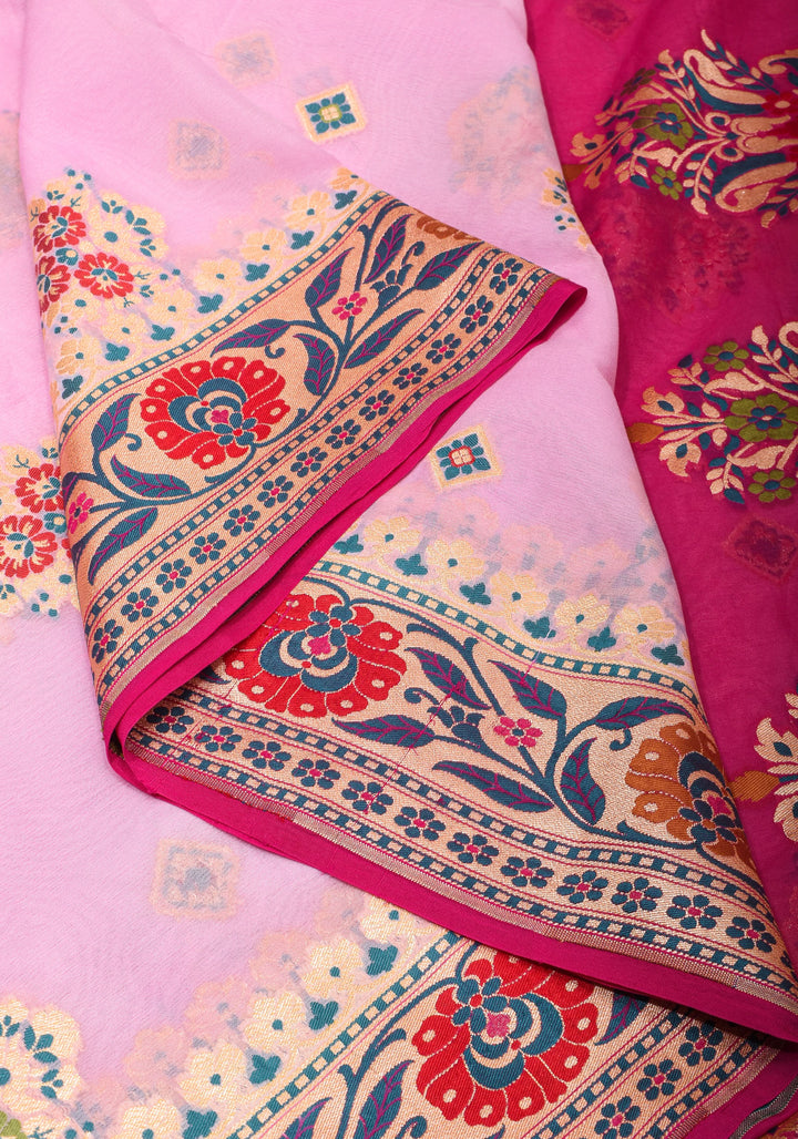 Lotus Pink Meenakari Banarasi Pure Silk Georgette Saree with  Paithani Style Zari meena border| SILK MARK CERTIFIED