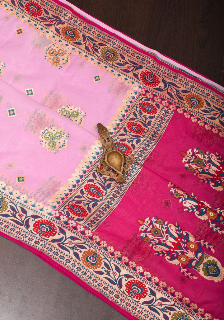 Lotus Pink Meenakari Banarasi Pure Silk Georgette Saree with  Paithani Style Zari meena border| SILK MARK CERTIFIED