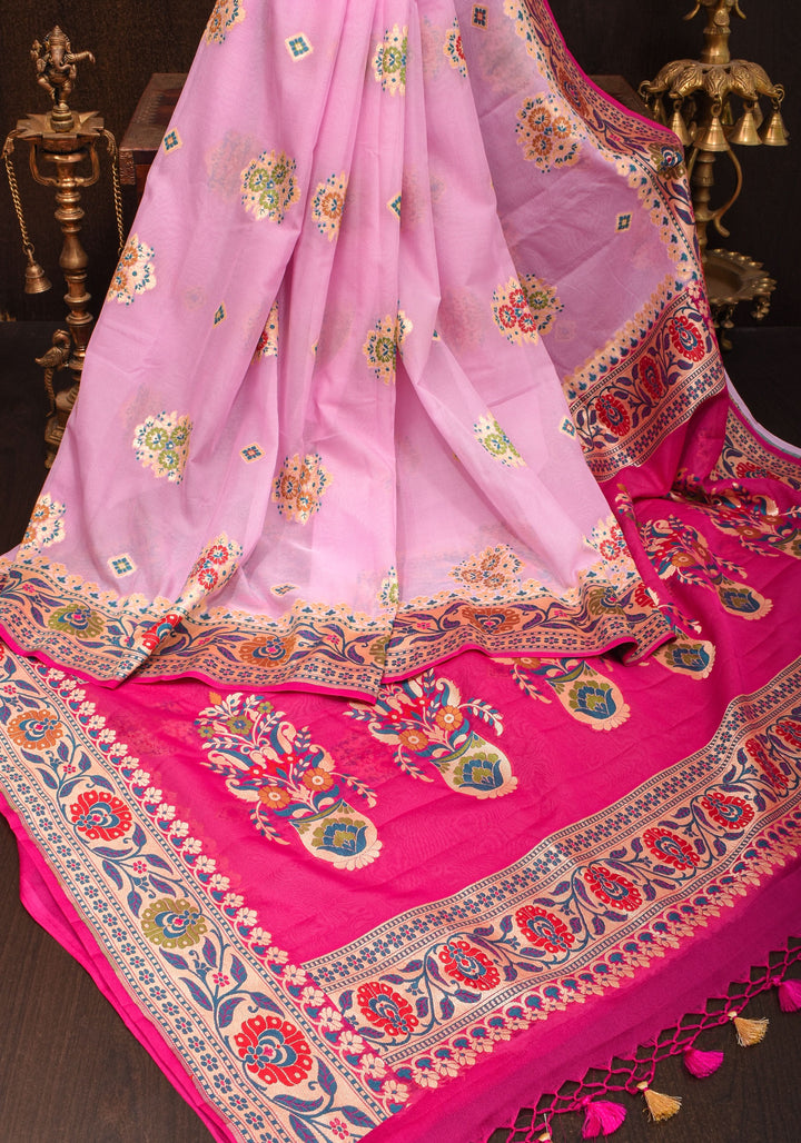 Lotus Pink Meenakari Banarasi Pure Silk Georgette Saree with  Paithani Style Zari meena border| SILK MARK CERTIFIED
