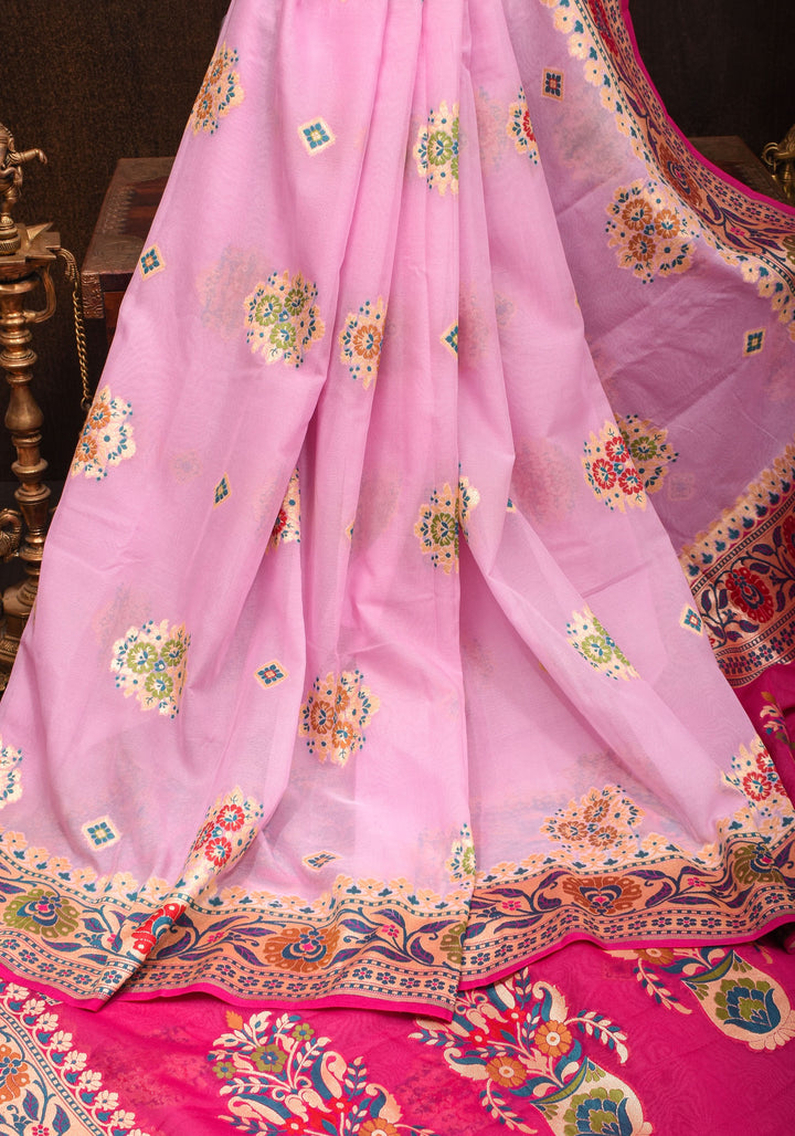 Lotus Pink Meenakari Banarasi Pure Silk Georgette Saree with  Paithani Style Zari meena border| SILK MARK CERTIFIED