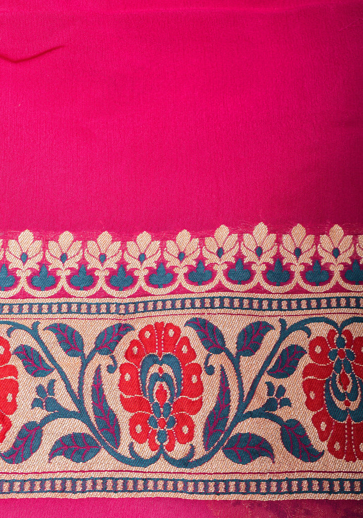 Lotus Pink Meenakari Banarasi Pure Silk Georgette Saree with  Paithani Style Zari meena border| SILK MARK CERTIFIED