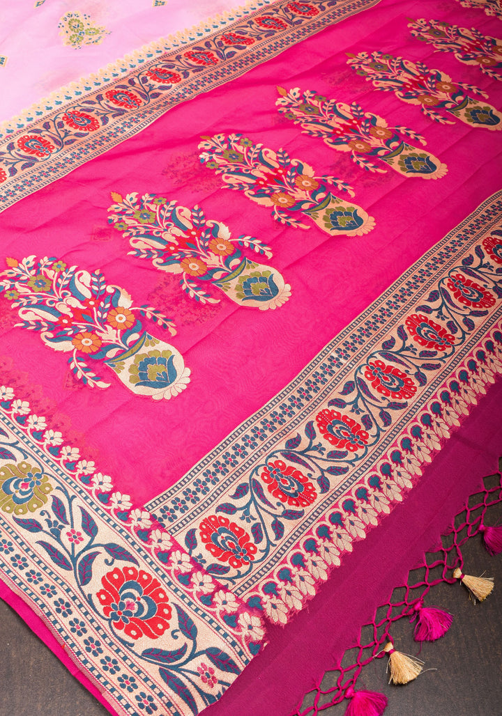 Lotus Pink Meenakari Banarasi Pure Silk Georgette Saree with  Paithani Style Zari meena border| SILK MARK CERTIFIED