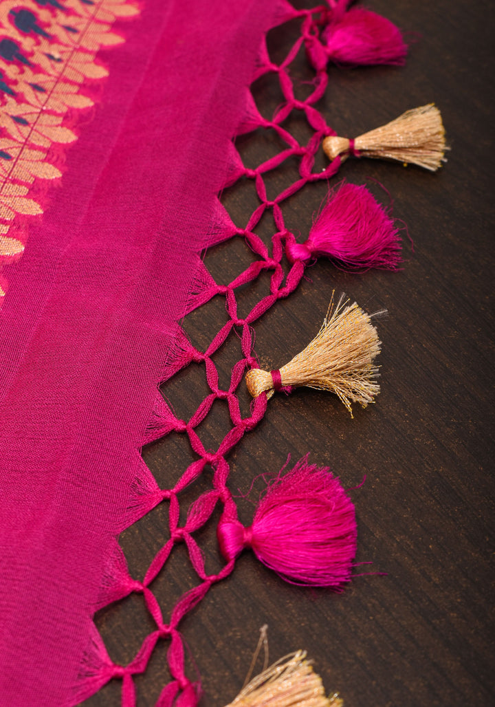 Lotus Pink Meenakari Banarasi Pure Silk Georgette Saree with  Paithani Style Zari meena border| SILK MARK CERTIFIED