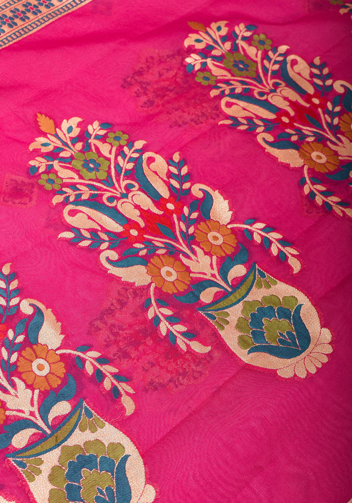 Lotus Pink Meenakari Banarasi Pure Silk Georgette Saree with  Paithani Style Zari meena border| SILK MARK CERTIFIED