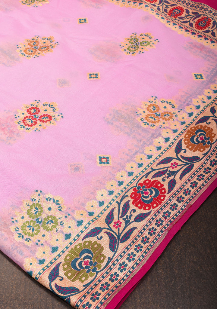 Lotus Pink Meenakari Banarasi Pure Silk Georgette Saree with  Paithani Style Zari meena border| SILK MARK CERTIFIED