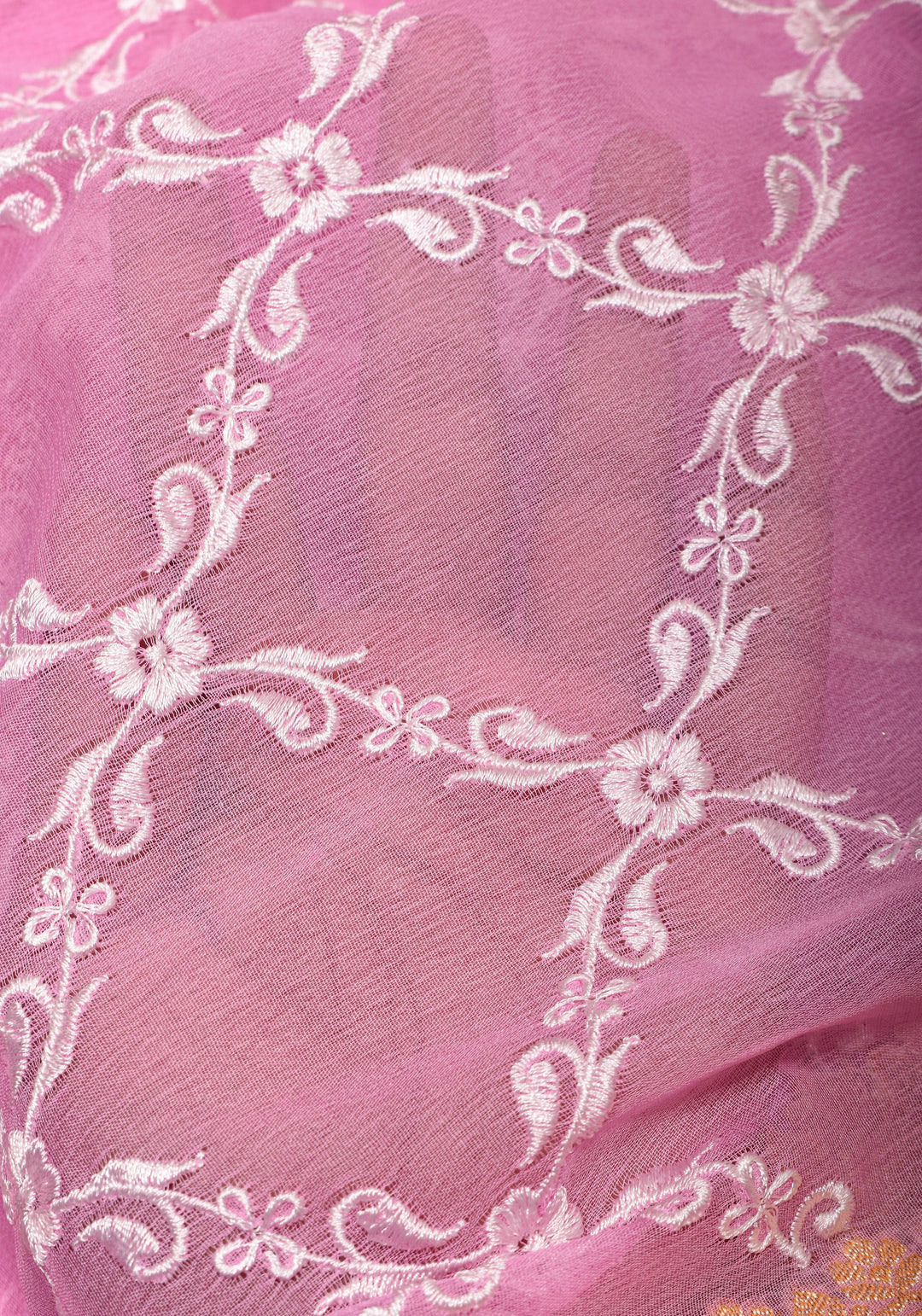 Baby Pink Banarasi Pure Georgette Saree with machine Embroidered Jaal and Contrast Deep Pink Border  | SILK MARK CERTIFIED