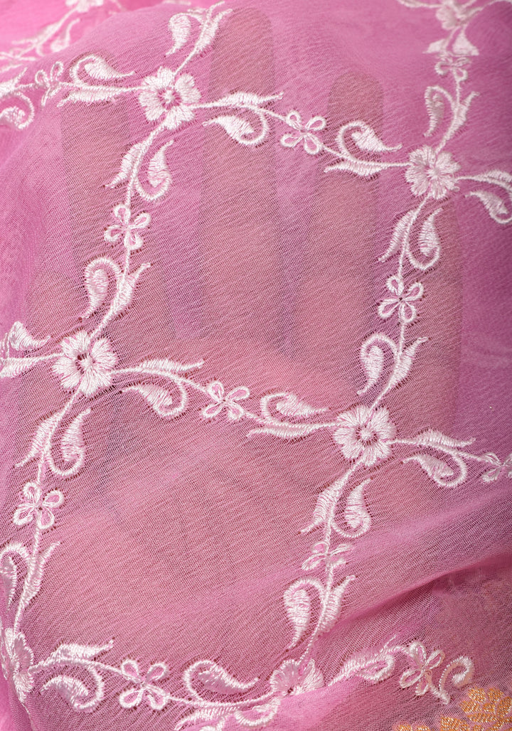 Baby Pink Banarasi Pure Georgette Saree with machine Embroidered Jaal and Contrast Deep Pink Border  | SILK MARK CERTIFIED