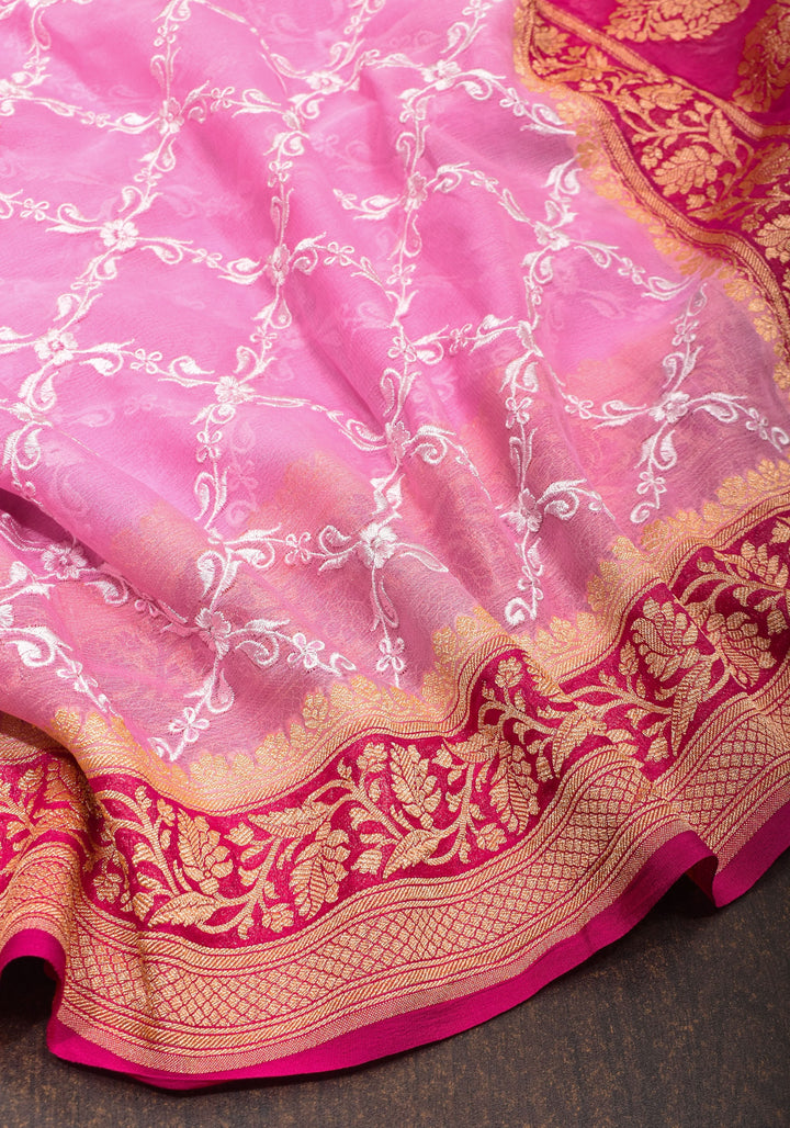 Baby Pink Banarasi Pure Georgette Saree with machine Embroidered Jaal and Contrast Deep Pink Border  | SILK MARK CERTIFIED
