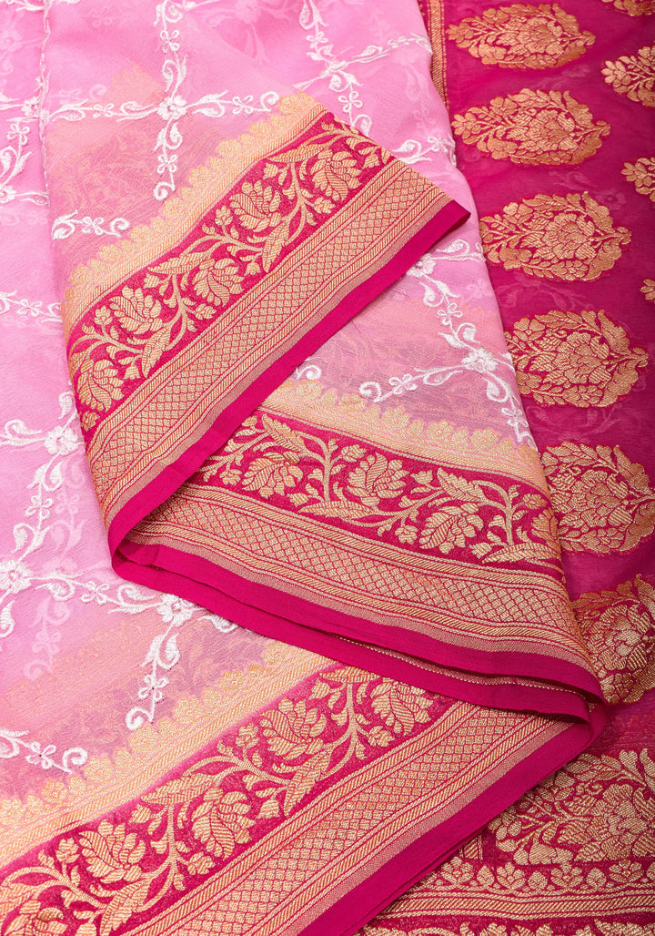 Baby Pink Banarasi Pure Georgette Saree with machine Embroidered Jaal and Contrast Deep Pink Border  | SILK MARK CERTIFIED