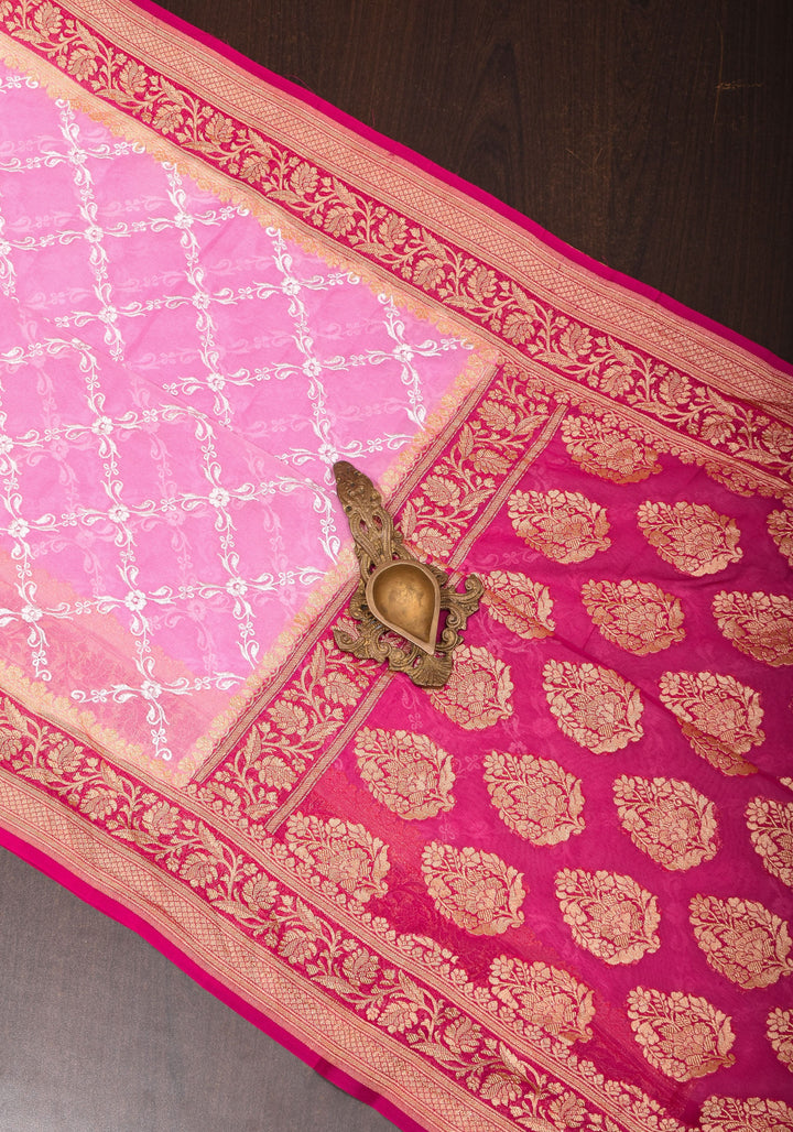 Baby Pink Banarasi Pure Georgette Saree with machine Embroidered Jaal and Contrast Deep Pink Border  | SILK MARK CERTIFIED