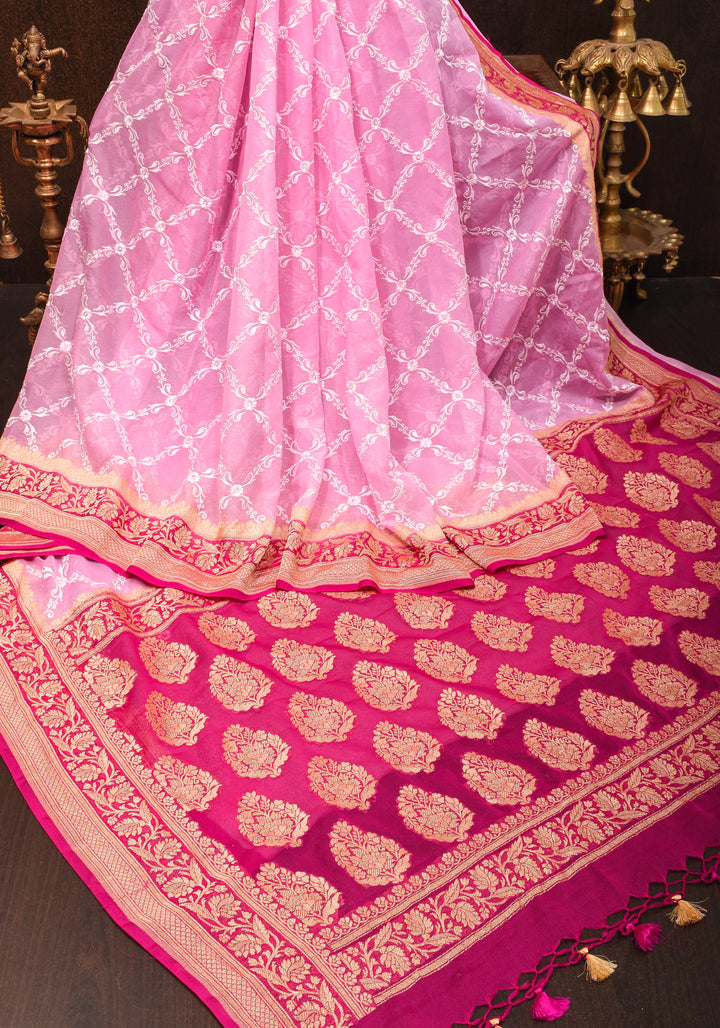 Baby Pink Banarasi Pure Georgette Saree with machine Embroidered Jaal and Contrast Deep Pink Border  | SILK MARK CERTIFIED