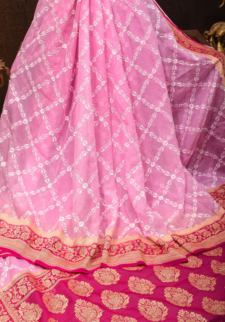 Baby Pink Banarasi Pure Georgette Saree with machine Embroidered Jaal and Contrast Deep Pink Border  | SILK MARK CERTIFIED