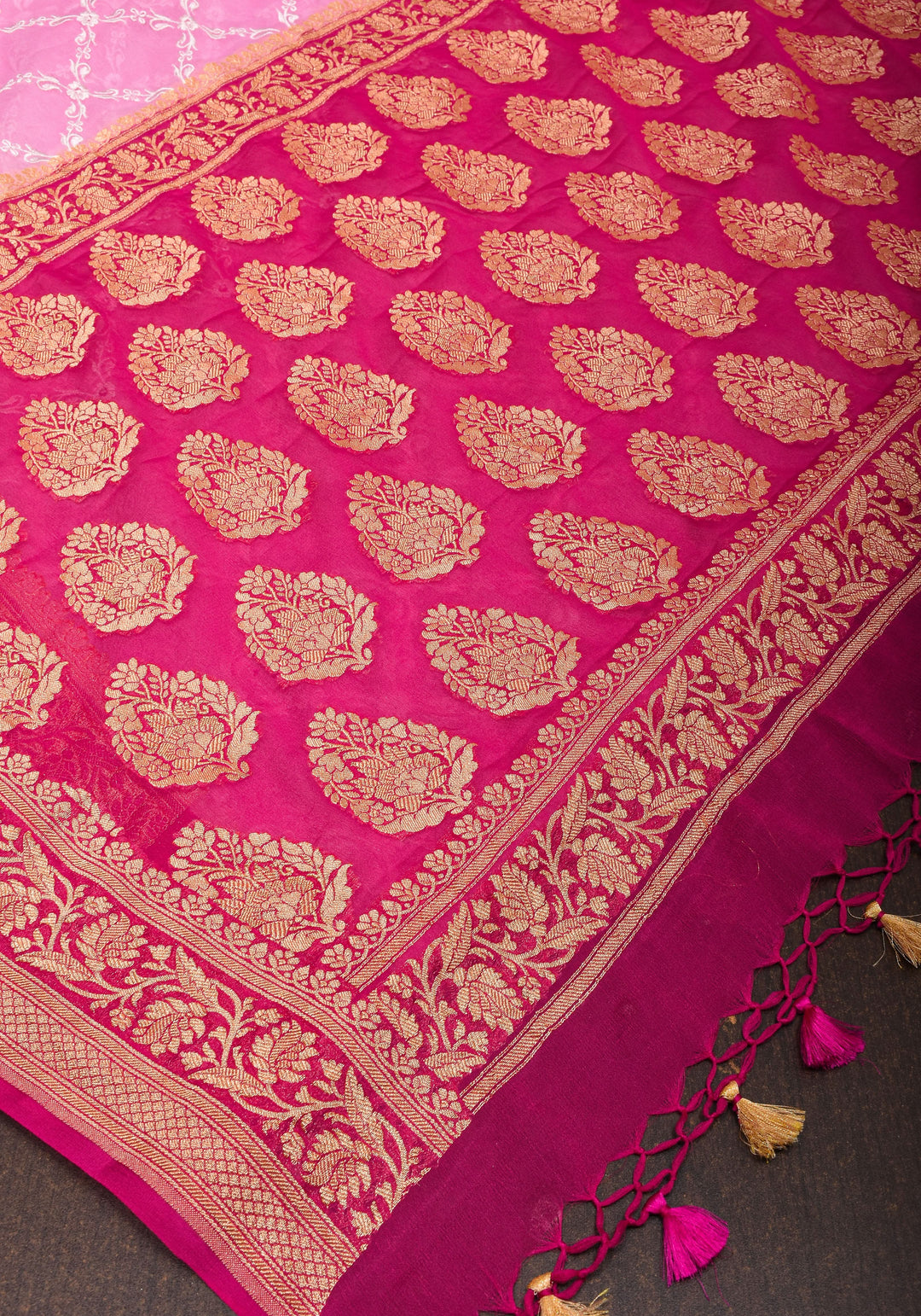 Baby Pink Banarasi Pure Georgette Saree with machine Embroidered Jaal and Contrast Deep Pink Border  | SILK MARK CERTIFIED