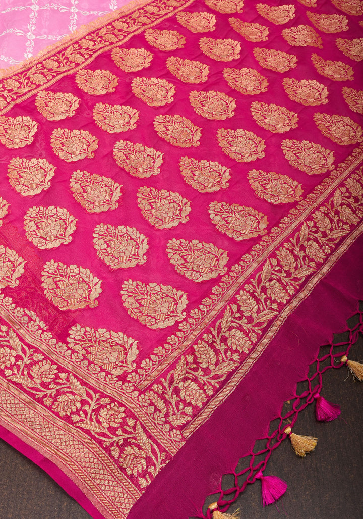 Baby Pink Banarasi Pure Georgette Saree with machine Embroidered Jaal and Contrast Deep Pink Border  | SILK MARK CERTIFIED