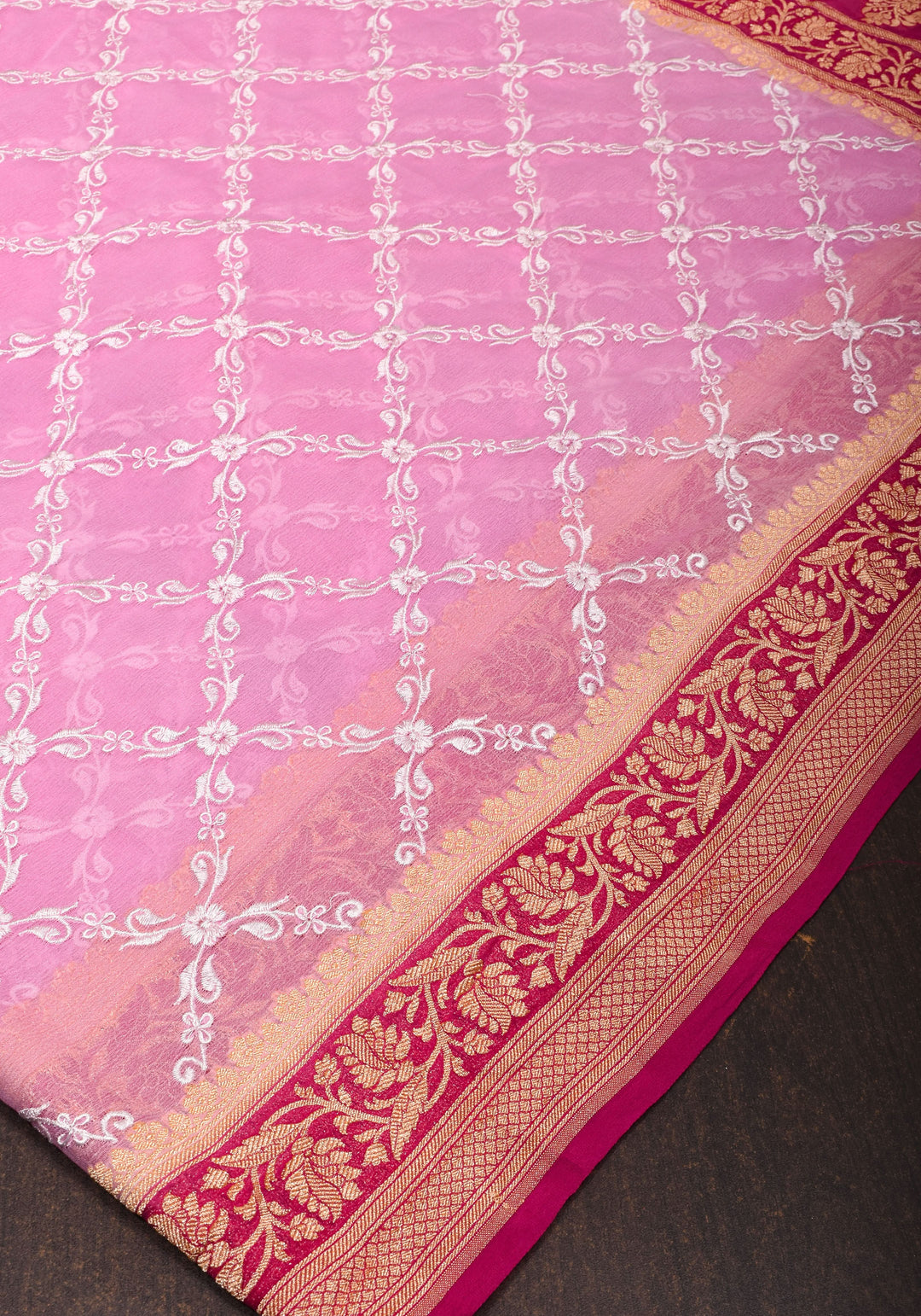 Baby Pink Banarasi Pure Georgette Saree with machine Embroidered Jaal and Contrast Deep Pink Border  | SILK MARK CERTIFIED