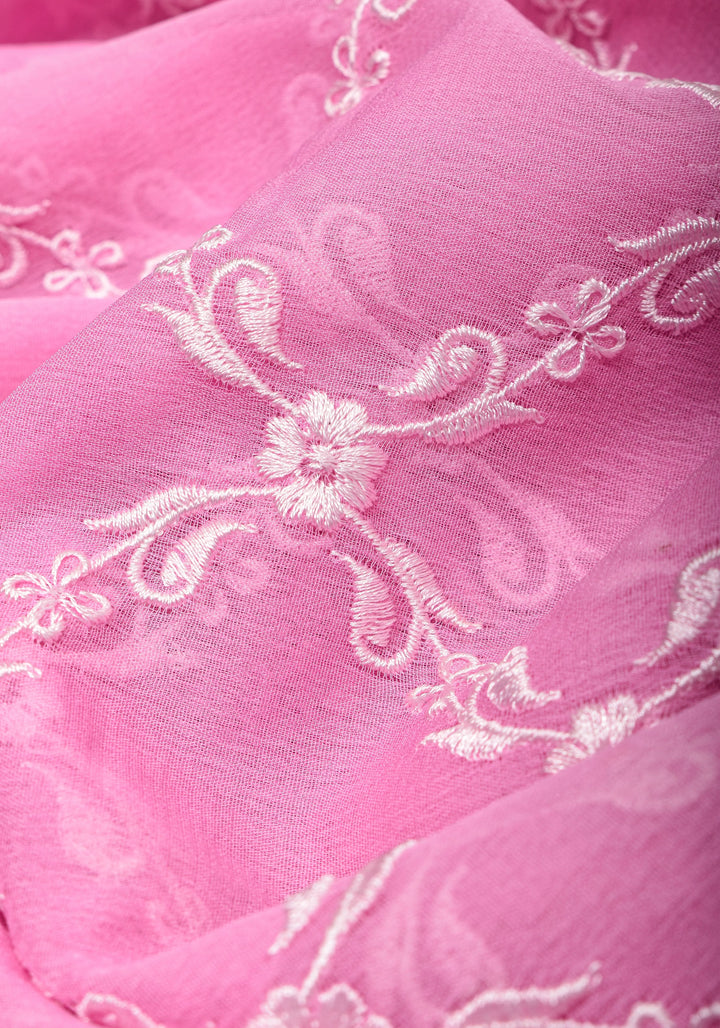 Baby Pink Banarasi Pure Georgette Saree with machine Embroidered Jaal and Contrast Deep Pink Border  | SILK MARK CERTIFIED