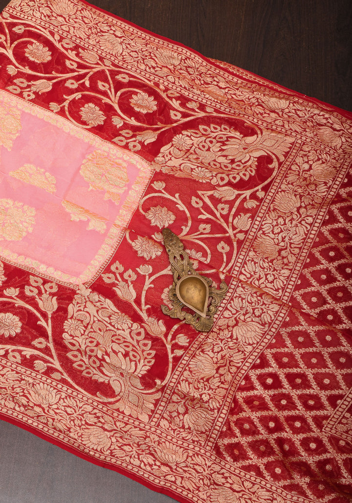 Pink Banarasi Pure Georgette Saree with Elongated Florals with Red Border | SILK MARK CERTIFIED