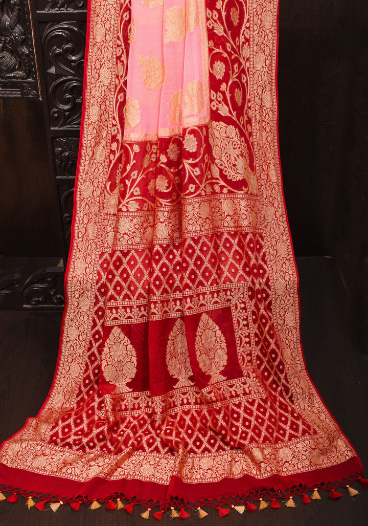Pink Banarasi Pure Georgette Saree with Elongated Florals with Red Border | SILK MARK CERTIFIED