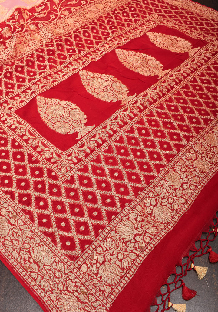 Pink Banarasi Pure Georgette Saree with Elongated Florals with Red Border | SILK MARK CERTIFIED