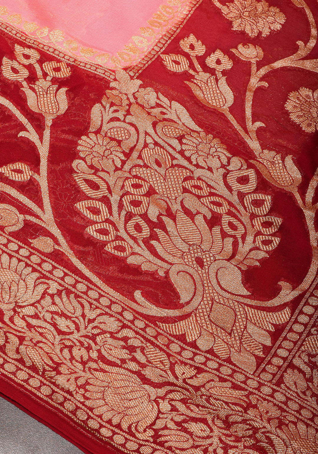 Pink Banarasi Pure Georgette Saree with Elongated Florals with Red Border | SILK MARK CERTIFIED