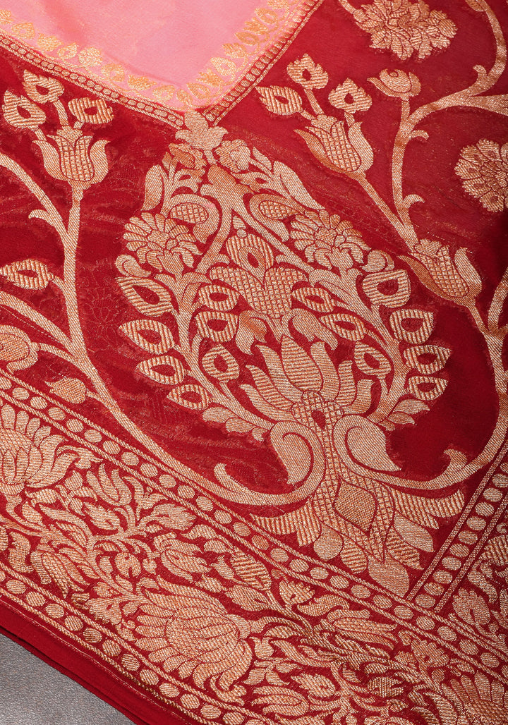 Pink Banarasi Pure Georgette Saree with Elongated Florals with Red Border | SILK MARK CERTIFIED