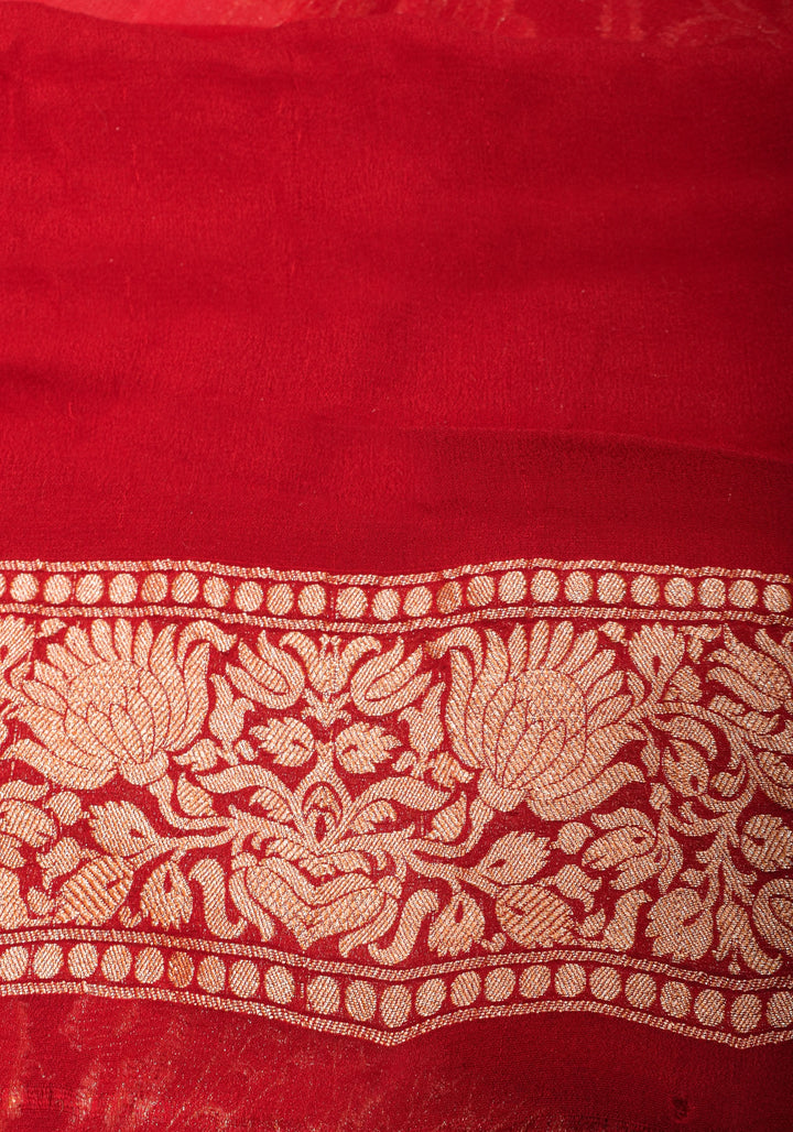 Pink Banarasi Pure Georgette Saree with Elongated Florals with Red Border | SILK MARK CERTIFIED