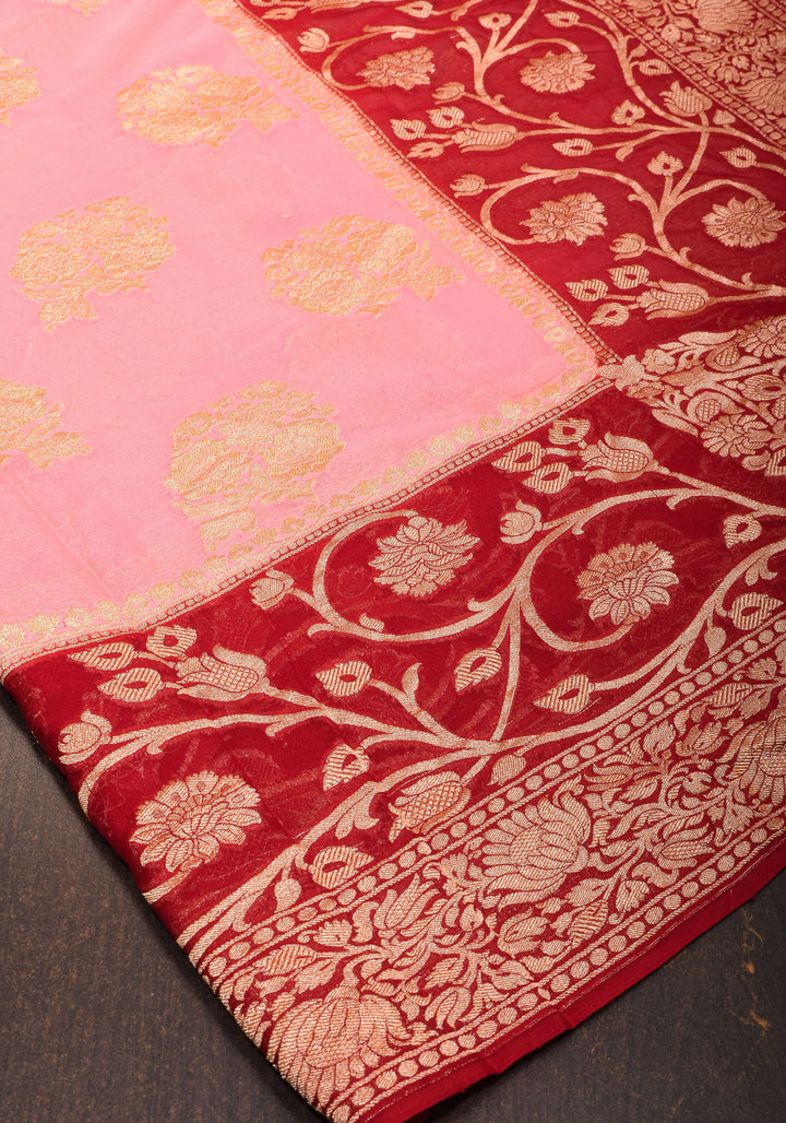 Pink Banarasi Pure Georgette Saree with Elongated Florals with Red Border | SILK MARK CERTIFIED